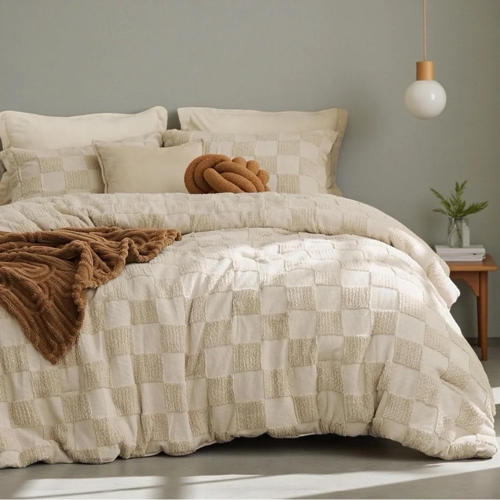 NEW West Elm Beige Checkered Tufted Queen / King Bedding Comforter & Sham Set